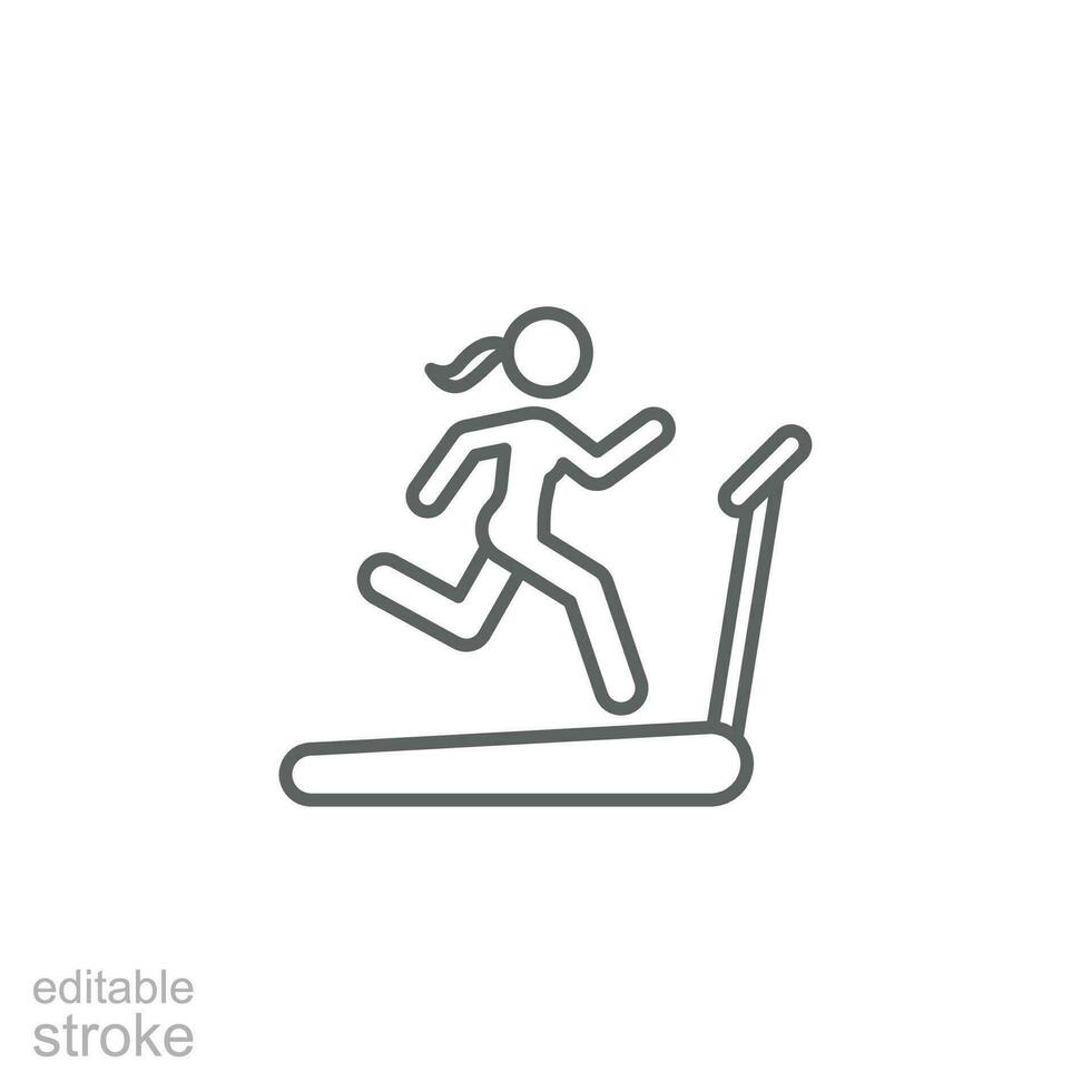 mulher corrida em esteira ícone. simples esboço estilo. correr, fêmea, Academia equipamento, fitness, exercício máquina, esporte conceito. fino linha símbolo. vetor isolado em branco fundo. editável acidente vascular encefálico svg.