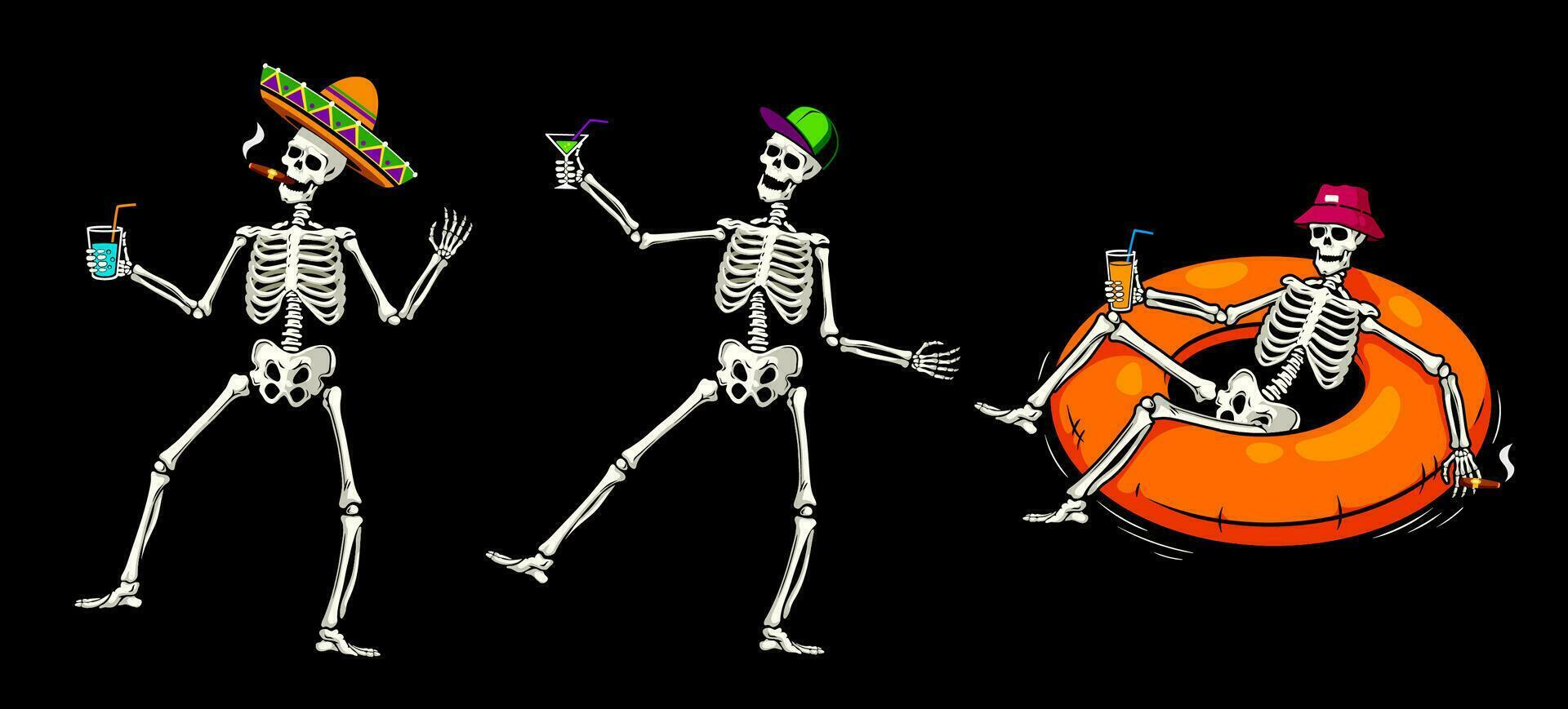 dia das Bruxas esqueletos relaxante, bebendo coquetéis vetor