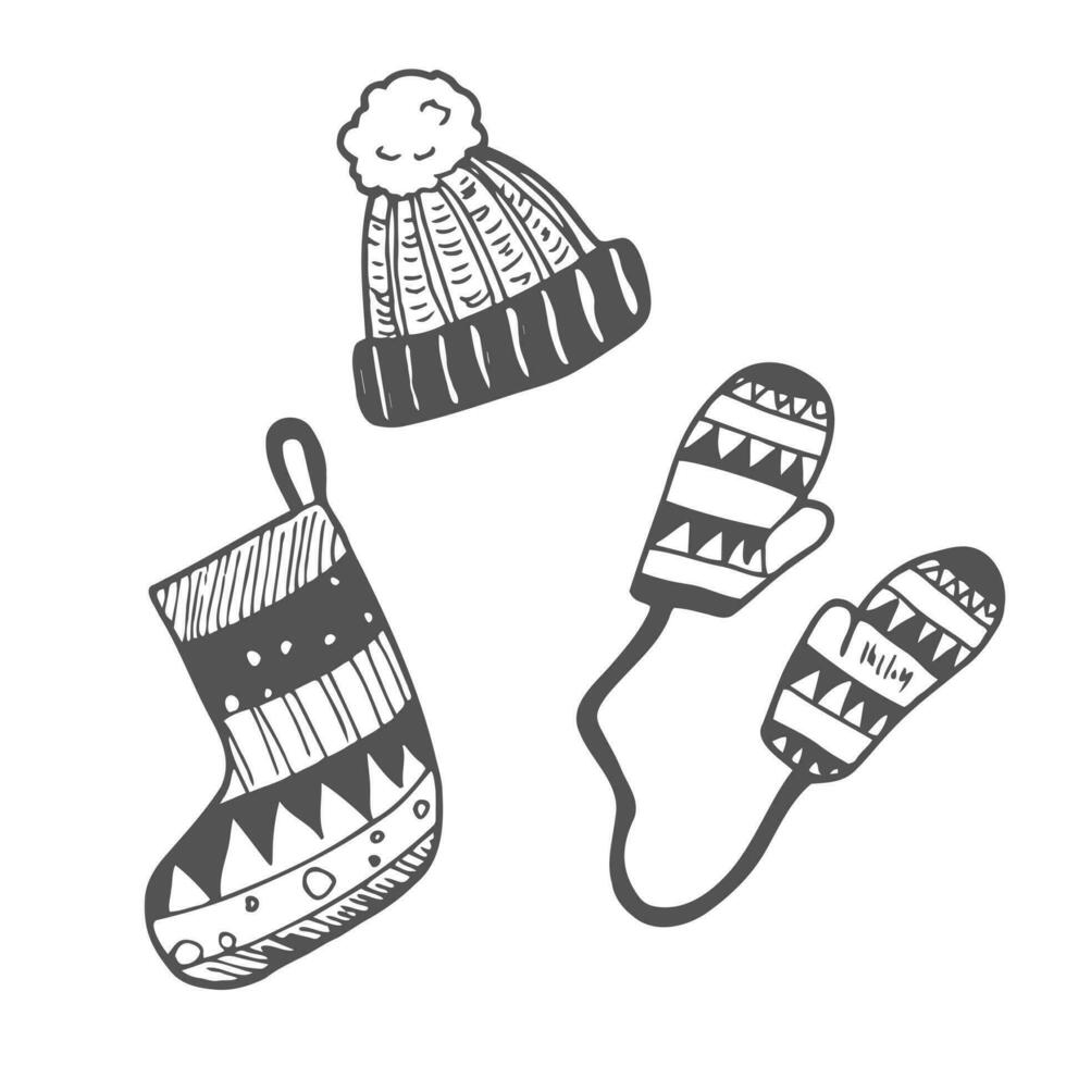 conjunto de chapéu de roupas e acessórios de inverno desenhados à mão, luvas, meias. esboço de doodle para crianças, design de natal. ilustrações vetoriais isoladas. vetor