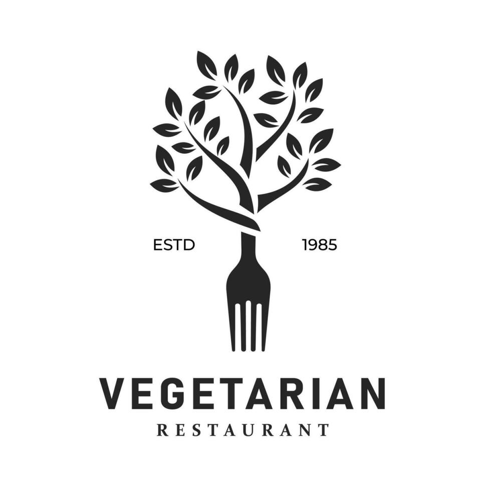 talheres garfo com ilustração do árvore folhas. vintage retro restaurante logotipo Projeto vetor