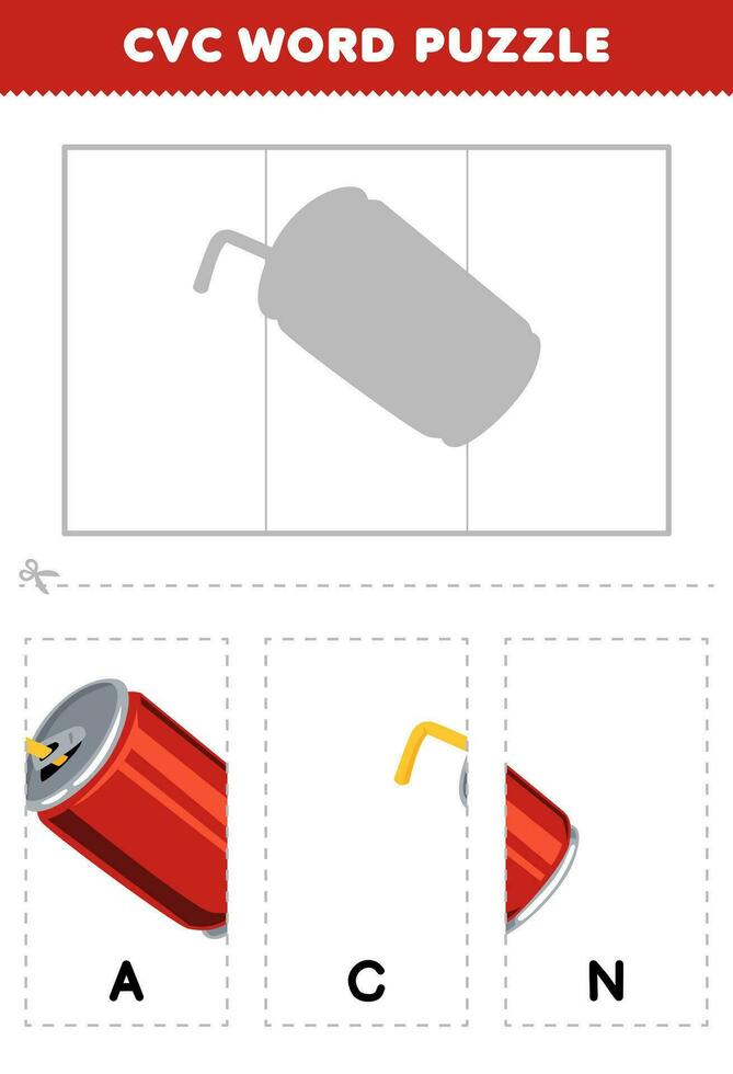 Educação jogos para crianças para aprender cvc palavra de completo a enigma do fofa desenho animado suave beber pode cenário imprimível planilha vetor