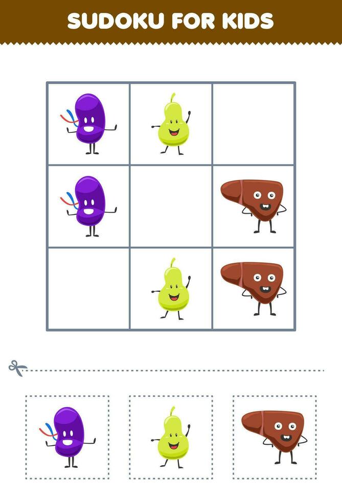 Educação jogos para crianças fácil sudoku para crianças com fofa desenho animado fígado bexiga baço imprimível anatomia e órgão planilha vetor