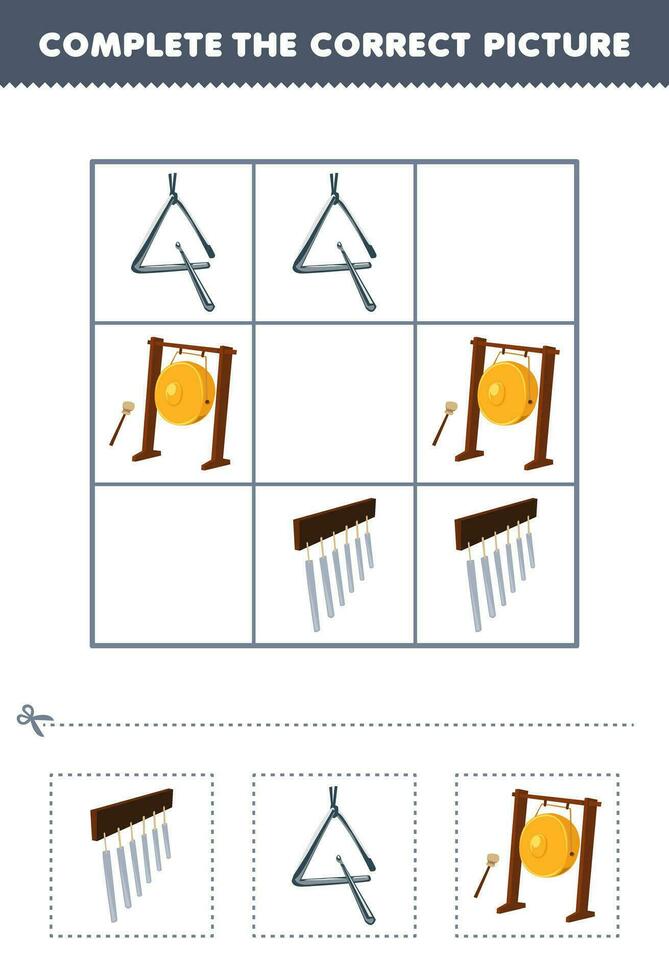 Educação jogos para crianças completo a corrigir cenário do uma fofa desenho animado carrilhões triângulo e gongo imprimível música instrumento planilha vetor