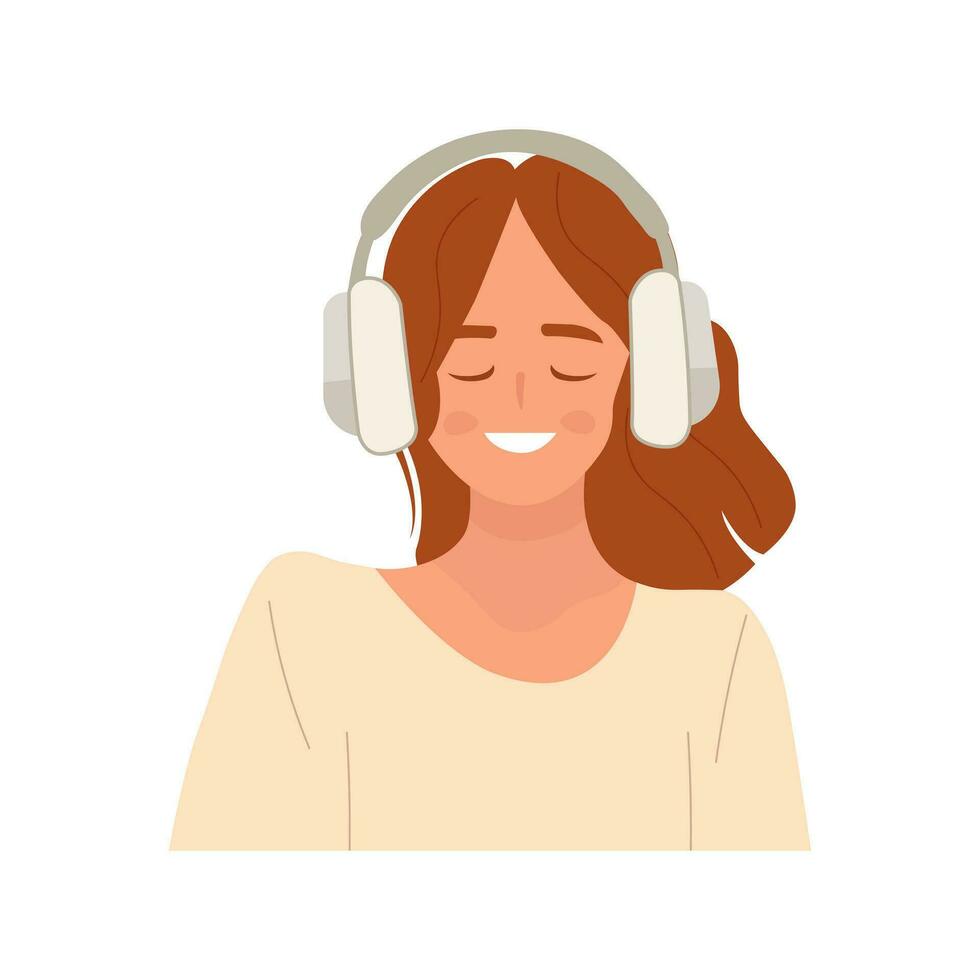 mulher com fones de ouvido. jovem sorridente mulher ouvindo para música pacificamente com dela olhos fechado. vetor ilustração.