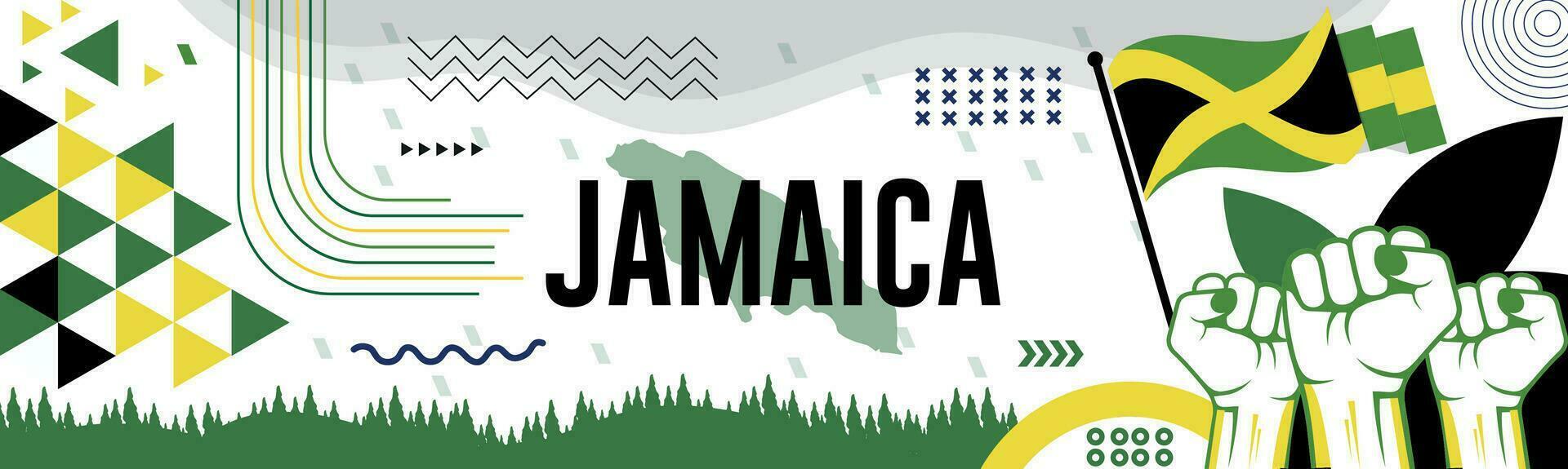 Jamaica nacional dia bandeira com mapa, bandeira cores tema fundo e geométrico abstrato retro moderno colorido Projeto com elevado mãos ou punhos. vetor