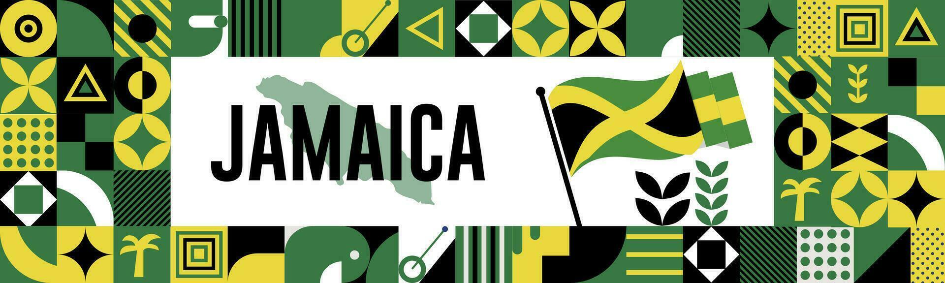 Jamaica nacional dia bandeira com mapa, bandeira cores tema fundo e geométrico abstrato retro moderno colorido Projeto com elevado mãos ou punhos. vetor