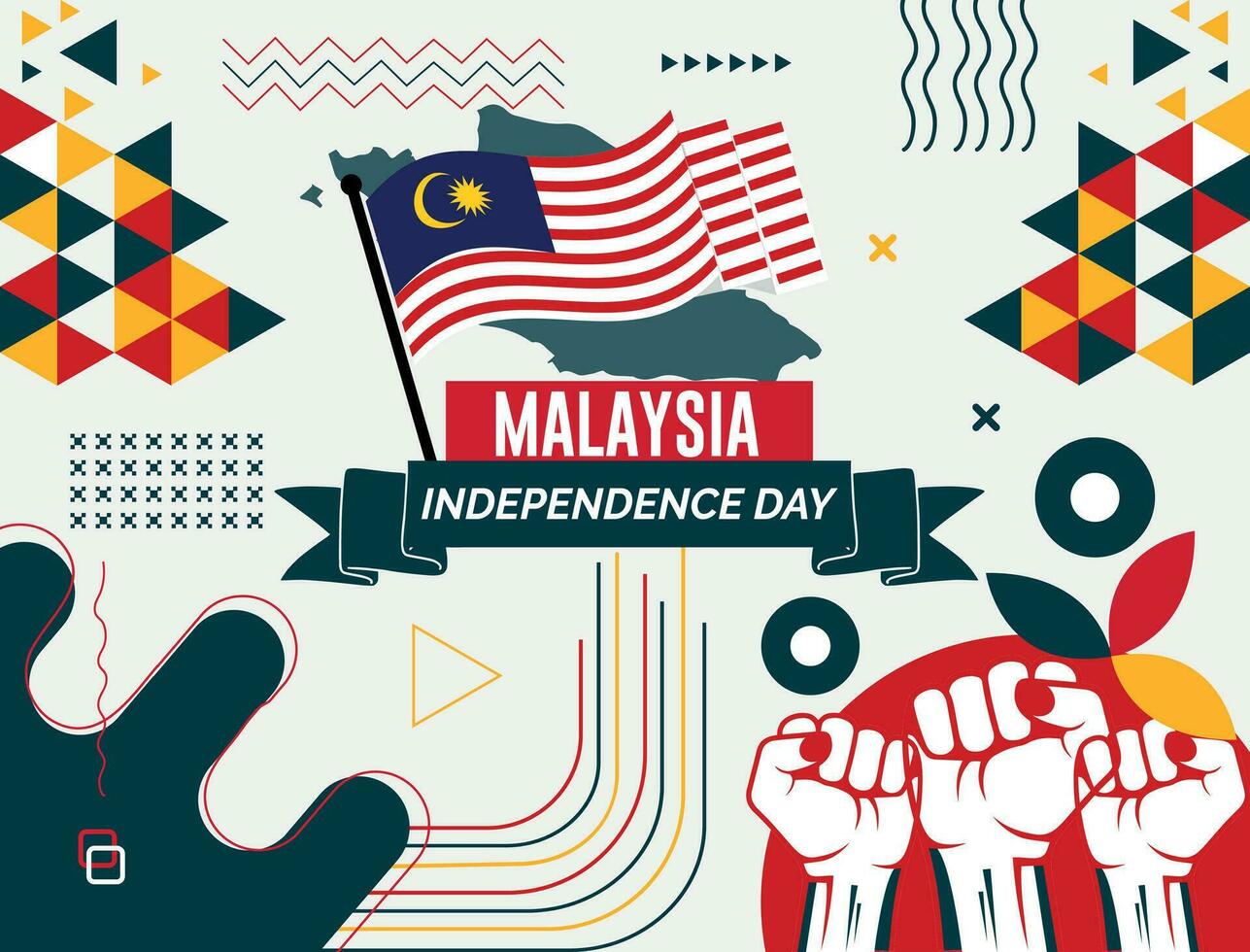 Malásia nacional dia bandeira com mapa, bandeira cores tema fundo e geométrico abstrato retro moderno colorido Projeto com elevado mãos ou punhos. vetor