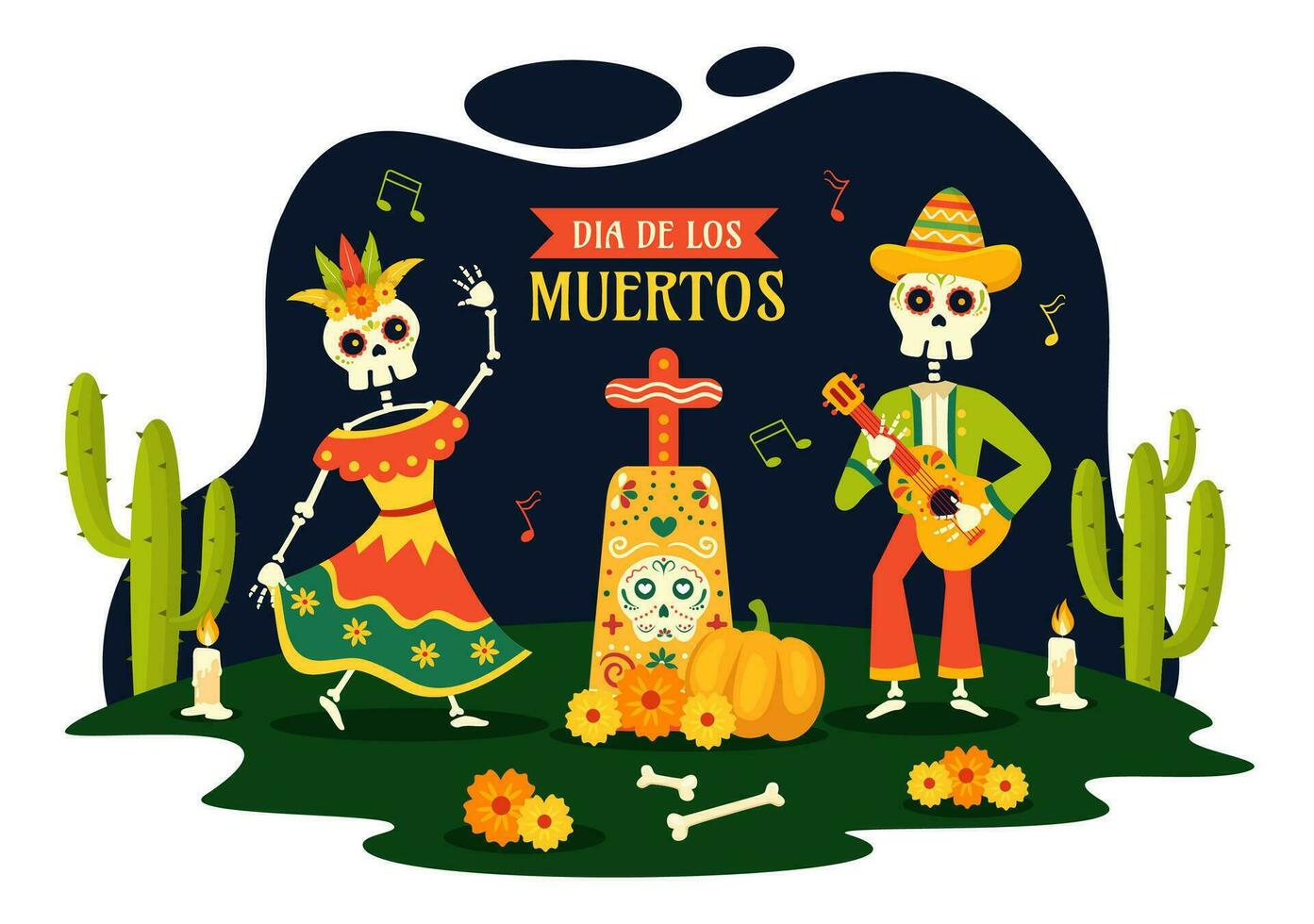 dia de los muertos vetor ilustração com dia do a morto, jogar música, esqueleto dentro mexicano fantasias e sombrero dentro plano desenho animado fundo