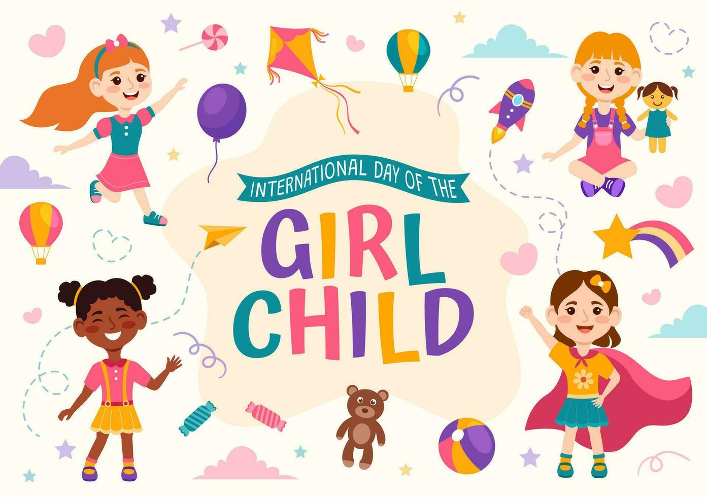 internacional dia do a menina criança vetor ilustração com pequeno meninas para consciência e humano direitos dentro plano crianças desenho animado fundo modelos