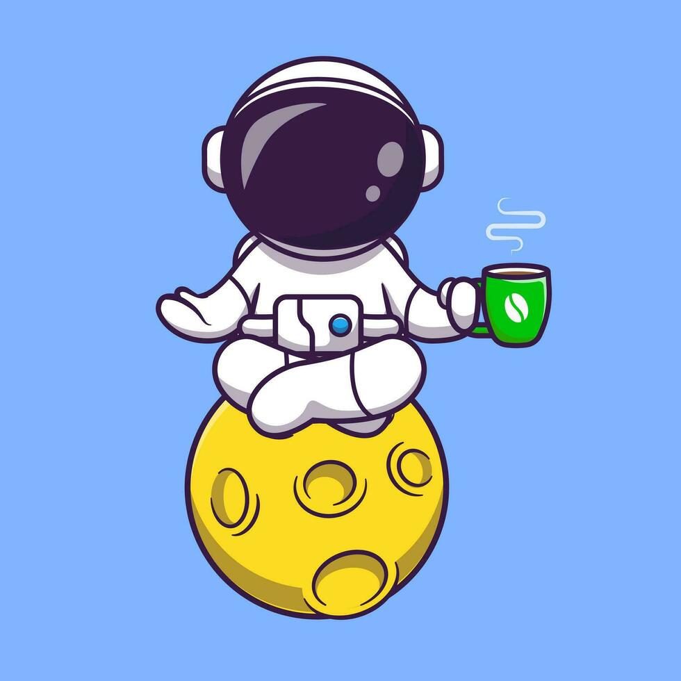 astronauta ioga em lua com café desenho animado vetor ícone ilustração. Ciência esporte ícone conceito isolado Prêmio vetor. plano desenho animado estilo