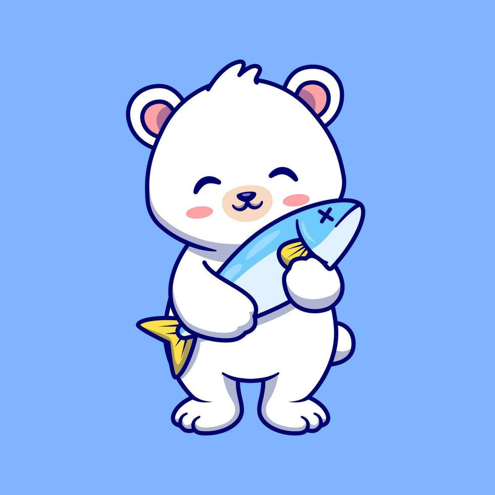 fofa polar Urso com peixe desenho animado vetor ícone ilustração. animal natureza ícone conceito isolado Prêmio vetor. plano desenho animado estilo