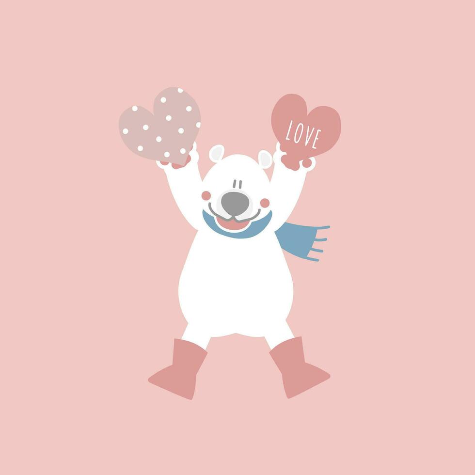 fofa e adorável branco polar Urso com coração, feliz dia dos namorados dia, amor conceito, plano vetor ilustração desenho animado personagem traje Projeto