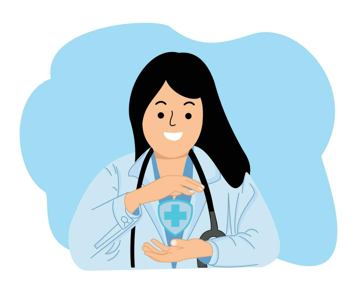 fêmea médico segurando mais placa para tratamento hospital e clínica serviço ou saúde Cuidado e médico conceito vetor