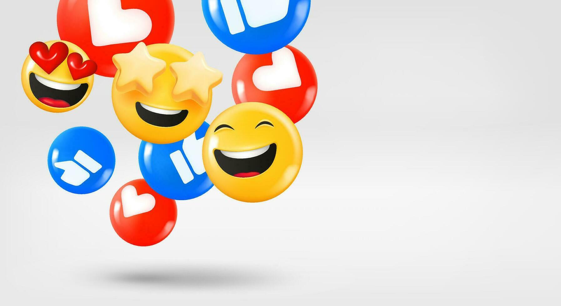 polegar ups, corações e sorridente emojis queda abaixo. 3d vetor bandeira com cópia de espaço