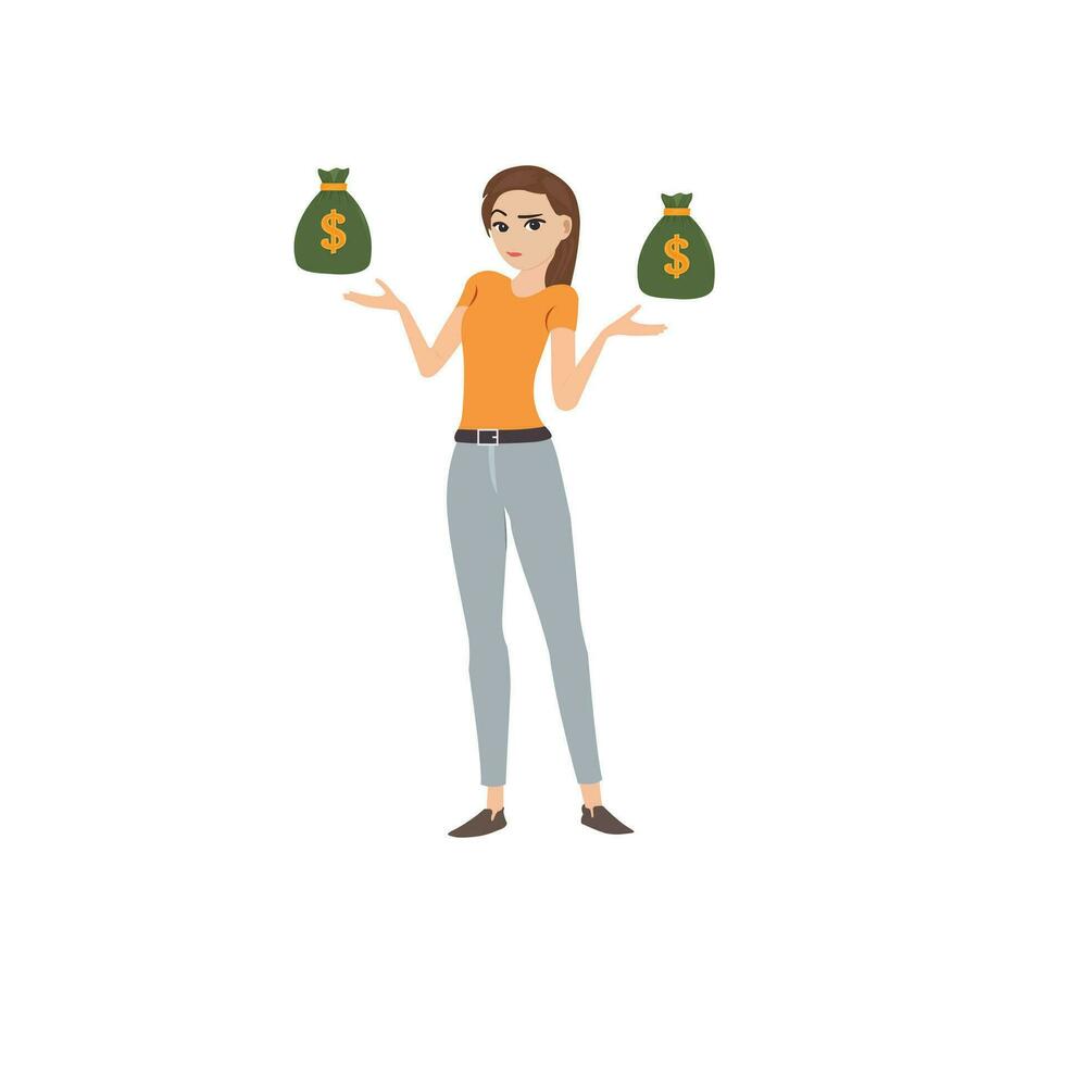 mulher segurando dinheiro bolsas, dinheiro conceito vetor ilustração