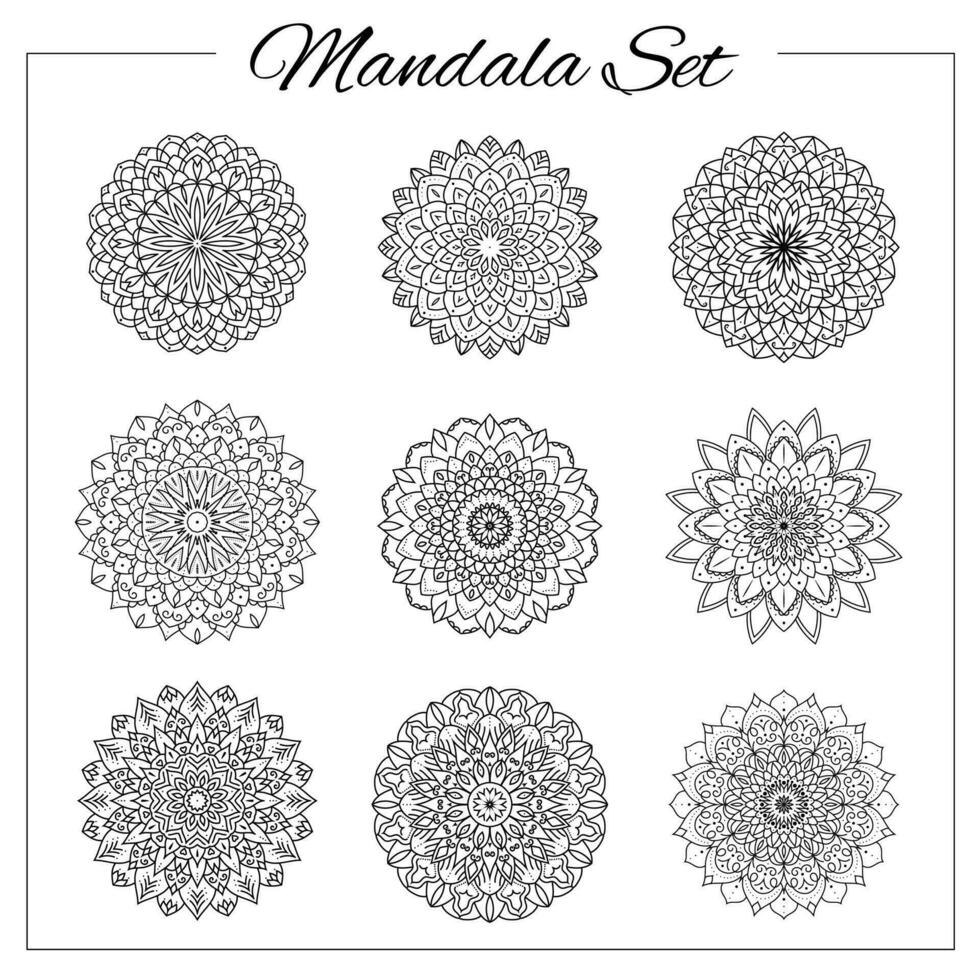 conjunto do mandalas. geométrico circular enfeite definir. isolado vetor elaborar mandalas para coloração livro impressão, projeto, logotipo, ioga, indiano e árabe imprime. oriental embelezamento elementos.