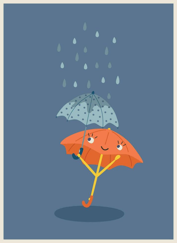 fofa cartão postal com a guarda-chuva se escondendo a partir de a chuva vetor ilustração