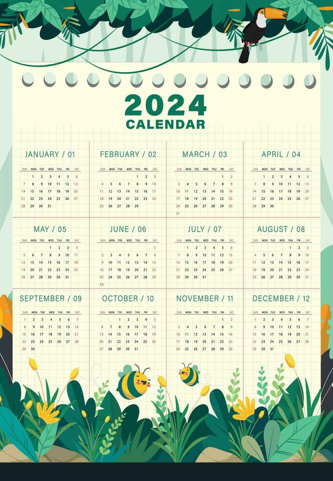 calendário ano 2024 a tema do animais e natureza. domingo começa em Domingo. simples calendário layout. escrivaninha planejador modelo com 12 meses. anual diário. vetor ilustração