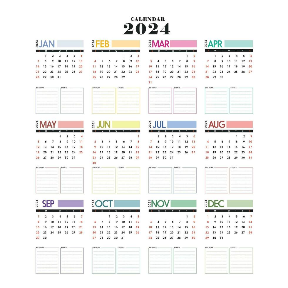 vetor 2024 calendário, 2024 calendário, ou 2024 parede calendário 2024 calendário modelo com minimalismo. Boa para planejador, calendário, calendário, diário, etc. pode estar cortar para dentro 12 folhas