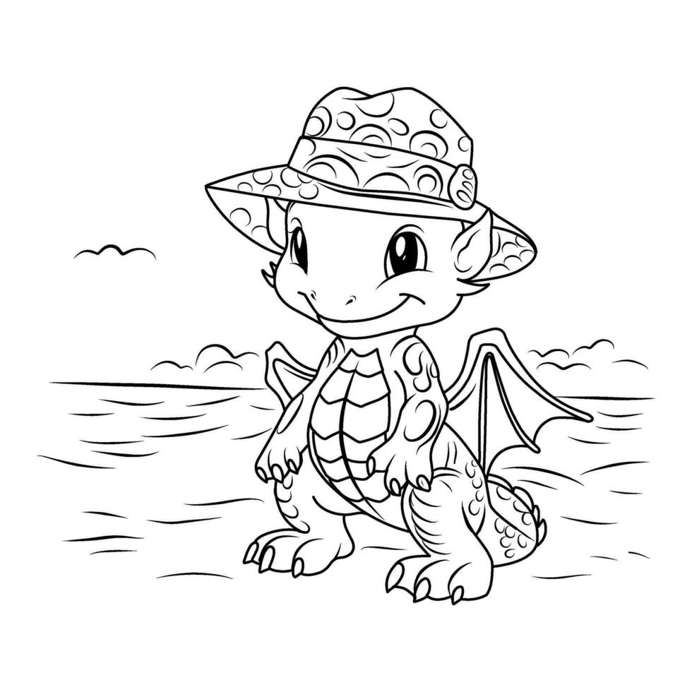 uma vetor do uma fofa Dragão em a de praia dentro Preto e branco colorir, colorir página simbol 2024