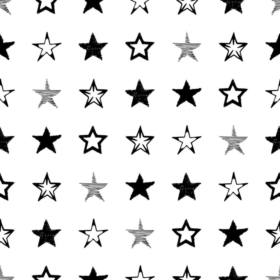 fundo sem emenda de estrelas doodle. estrelas desenhadas à mão negra sobre fundo branco. ilustração vetorial vetor