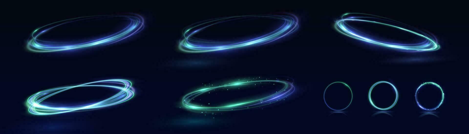 néon redemoinho. curva azul linha luz efeito. abstrato anel fundo com brilhando rodopiando fundo. energia fluxo túnel. azul portal, plataforma. Magia círculo vetor. luminoso espiral. volta quadro, Armação vetor