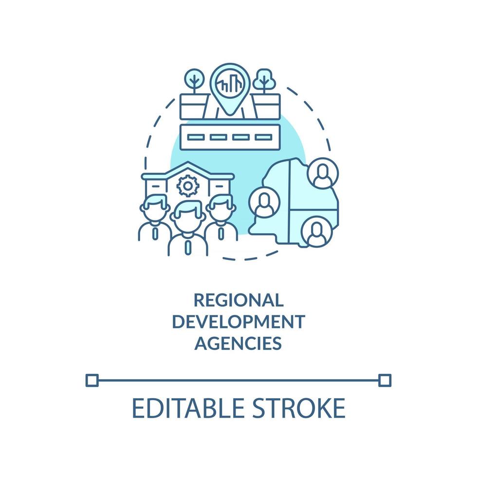 ícone do conceito de agências de desenvolvimento regional. programas de desenvolvimento comunitário ilustração de linha tênue de ideia abstrata. órgãos públicos não departamentais. desenho de cor de contorno isolado vetor. curso editável vetor