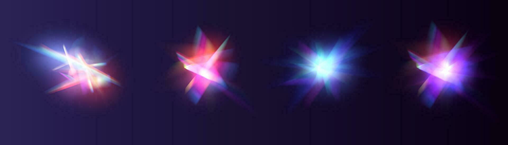 iridescente cristal vazamento brilho reflexão efeito. ótico arco Iris luzes, brilho, vazar, à risca overlay. queda confete. vetor colorida vetor lentes e luz chamas com efeitos.
