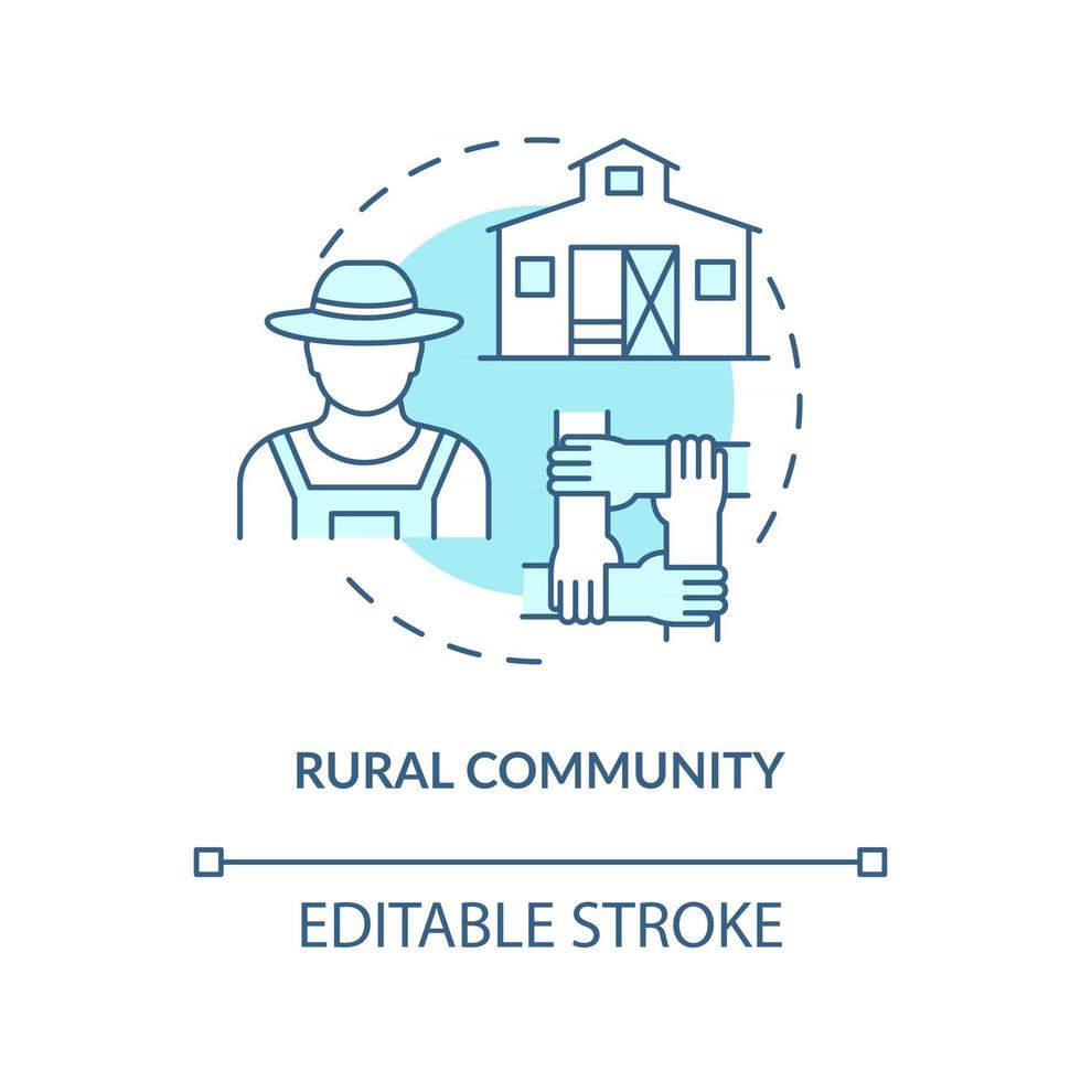 ícone do conceito de comunidade rural. tipos de comunidades ilustração de linha fina de ideia abstrata. vida no campo. aldeias e pequenas cidades. famílias rurais. desenho de cor de contorno isolado vetor. curso editável vetor