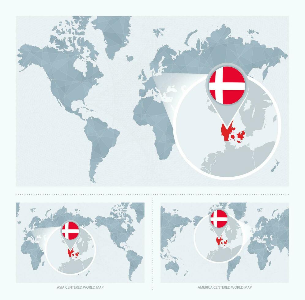 ampliado Dinamarca sobre mapa do a mundo, 3 versões do a mundo mapa com bandeira e mapa do Dinamarca. vetor
