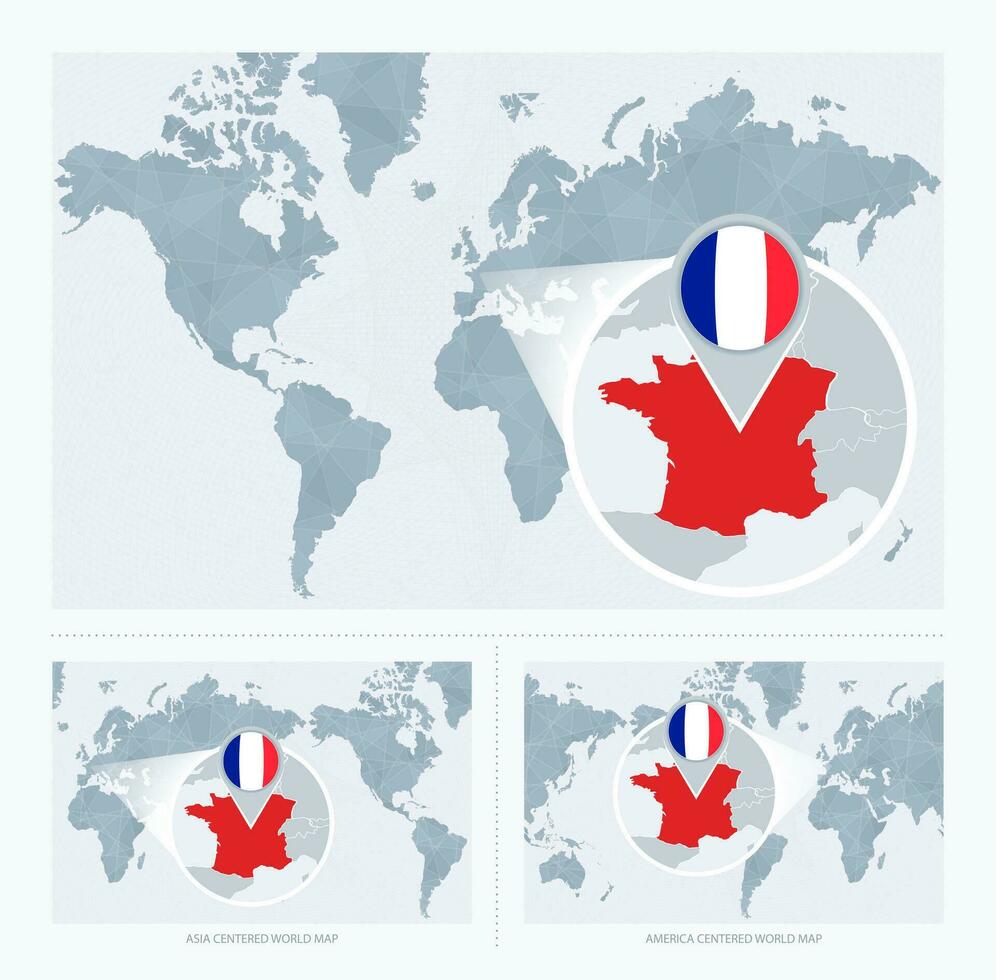 ampliado França sobre mapa do a mundo, 3 versões do a mundo mapa com bandeira e mapa do França. vetor