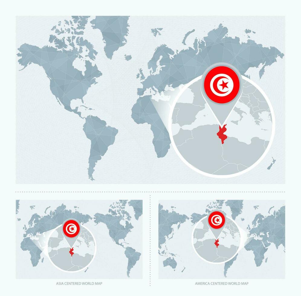 ampliado Tunísia sobre mapa do a mundo, 3 versões do a mundo mapa com bandeira e mapa do Tunísia. vetor