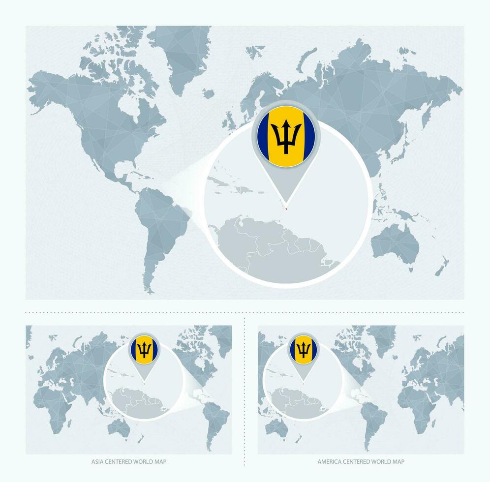 ampliado barbados sobre mapa do a mundo, 3 versões do a mundo mapa com bandeira e mapa do barbados. vetor