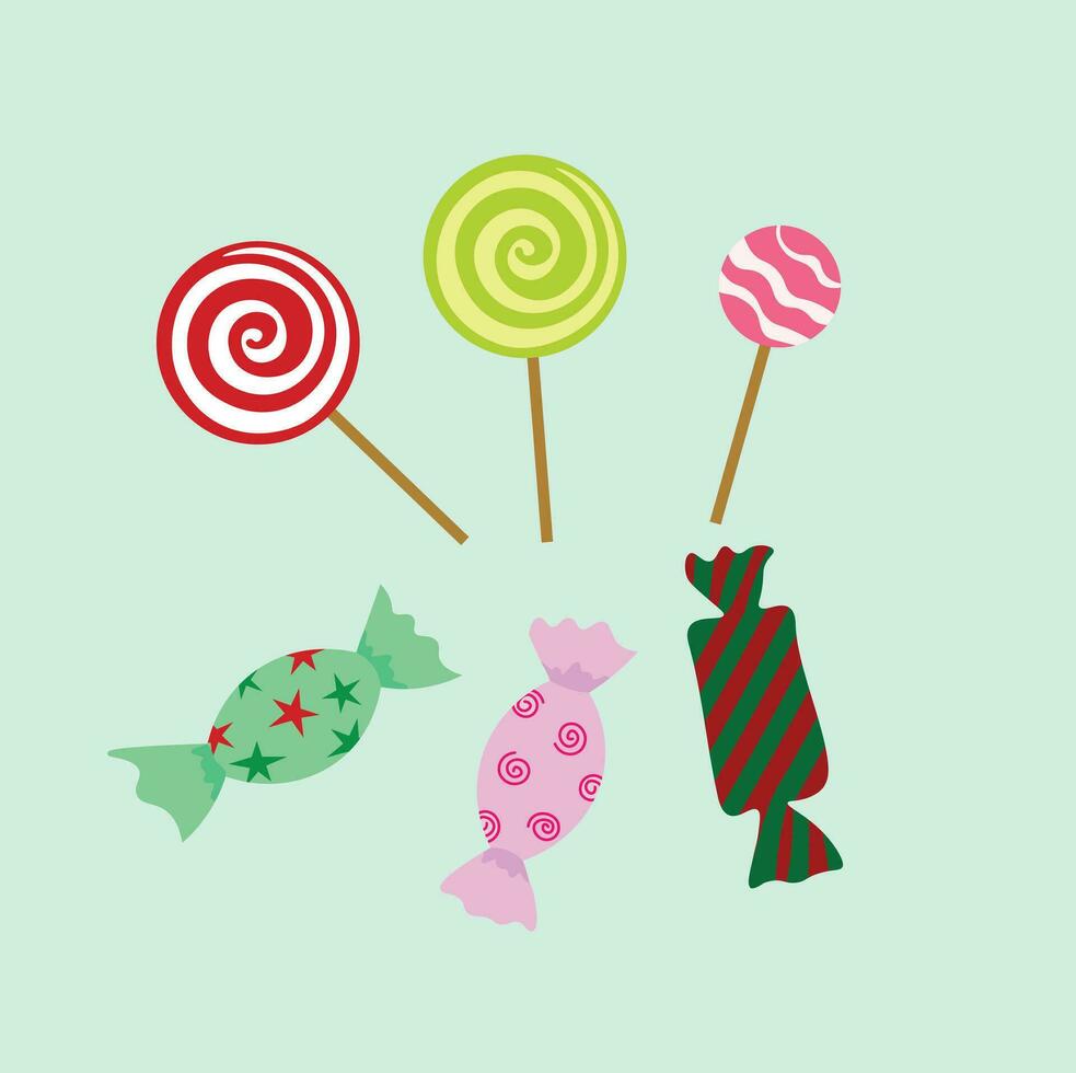 Natal e celebração ilustração plano vetor dentro desenho animado estilo. colorida doce. pirulito. confeitaria para Natal e celebração cartões, bandeiras, Tag, rótulos, fundo.