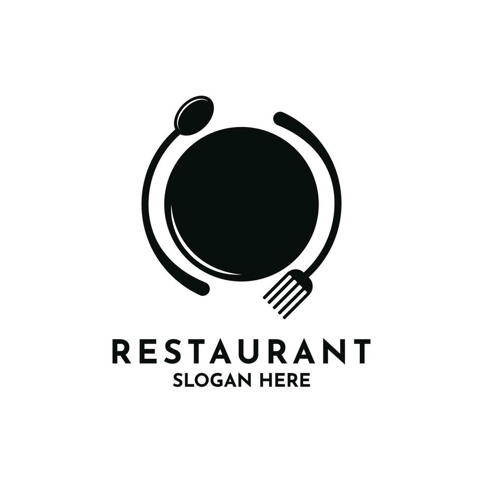 Comida restaurante logotipo Projeto com colher, garfo e prato símbolo com círculo forma vetor