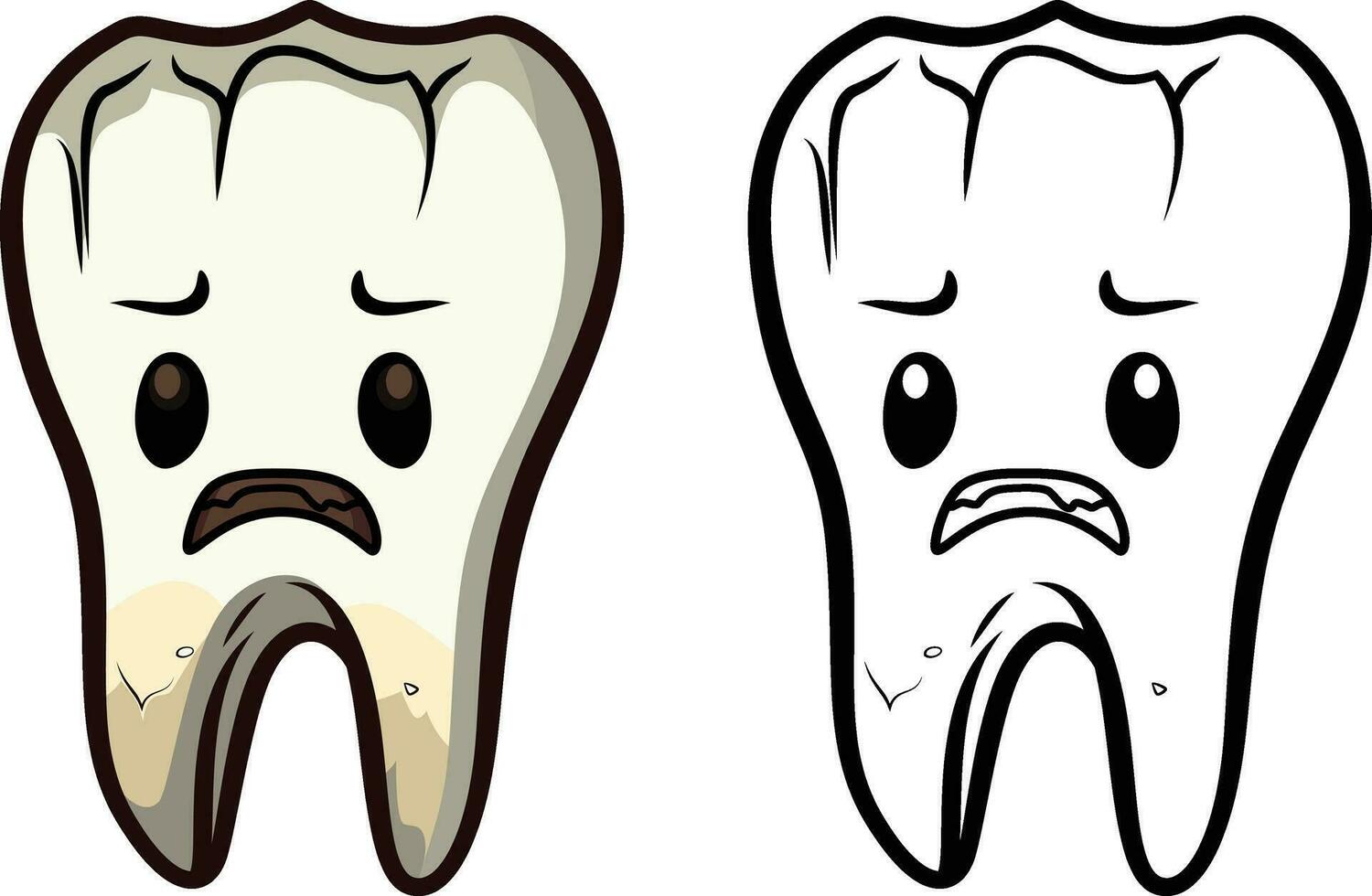 triste deteriorado dente desenho animado vetor ilustração, pouco saudável mau dente colori Preto branco estoque vetor imagem