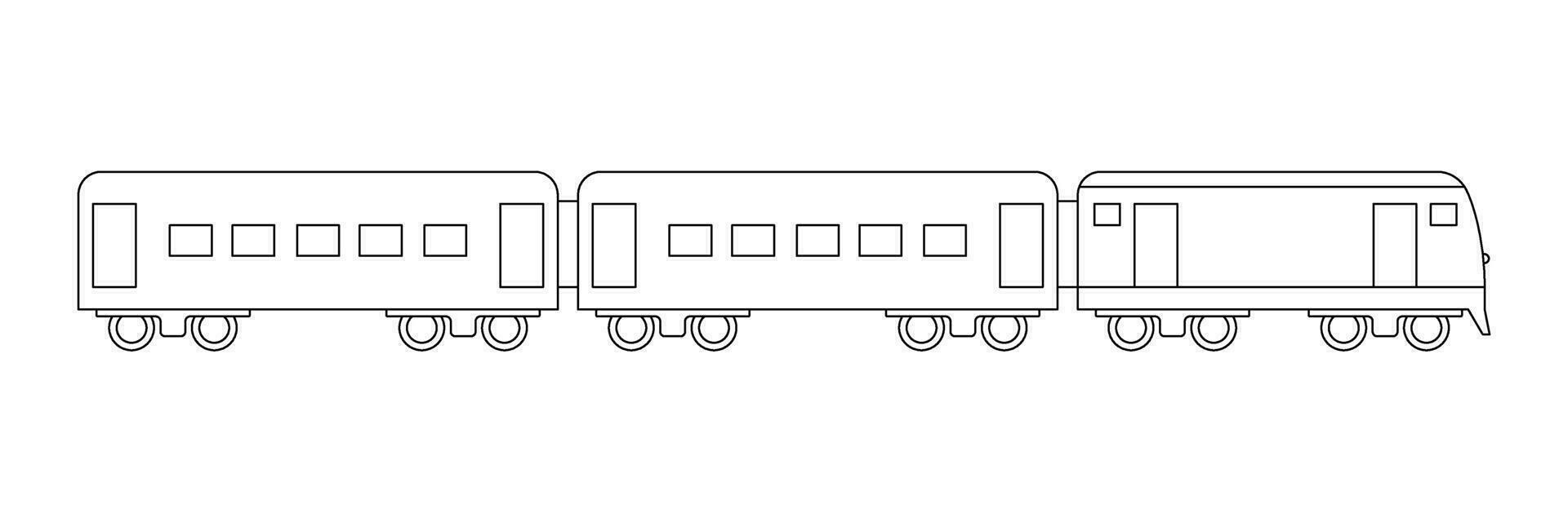 trem com vagão para passageiro viagem, modelo coloração linha ícone. Ferrovia viagem e estrada de ferro turismo. trem público transporte lado visualizar. vetor esboço ilustração