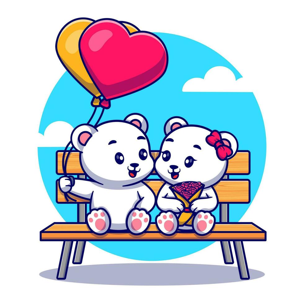 fofa polar Urso casal segurando balões em Banco parque desenho animado vetor ícone ilustração animal natureza ícone