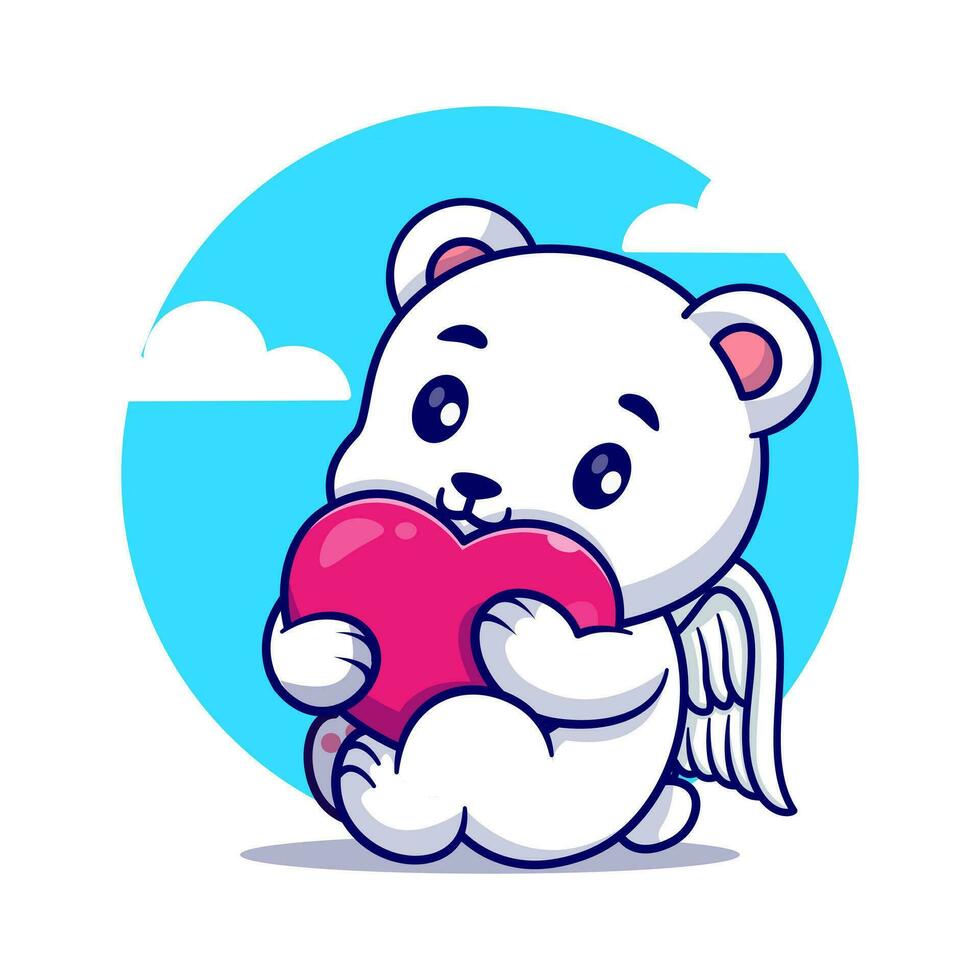 fofa anjo polar Urso sentado e segurando a colori coração desenho animado vetor ícone ilustração