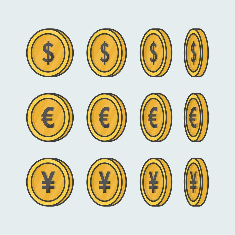 mundo moeda dinheiro moedas desenho animado vetor ilustração. moeda sinais do diferente países plano ícone esboço