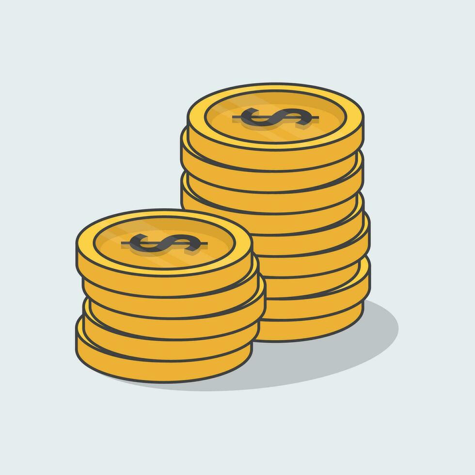 ouro moedas dinheiro dinheiro dentro pilhas desenho animado vetor ilustração. 3d dólar moedas plano ícone esboço