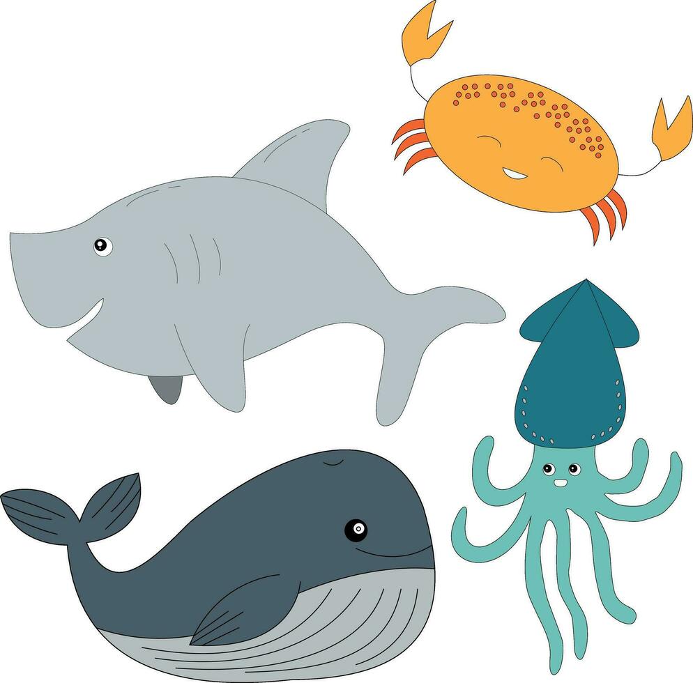 colorida mar criaturas clipart conjunto dentro desenho animado estilo. inclui 4 aquático animais para crianças e crianças vetor