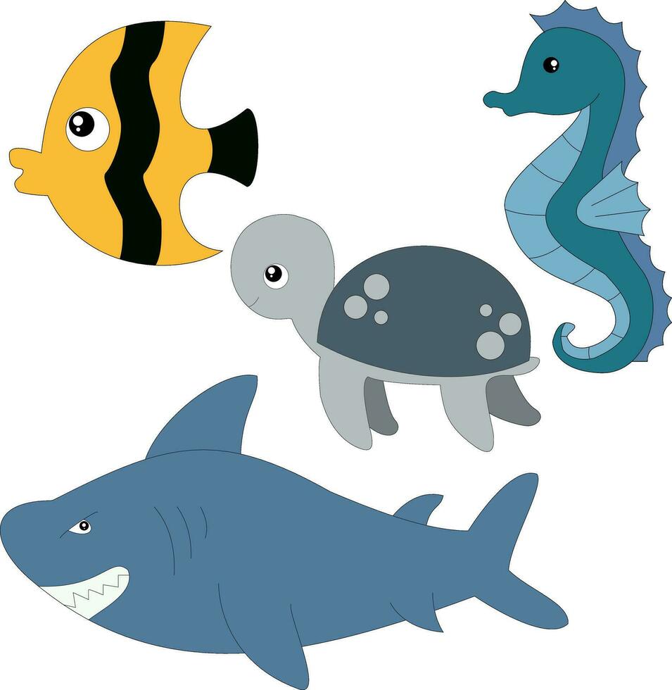 colorida oceano animais clipart conjunto dentro desenho animado estilo. inclui 4 aquático criaturas para crianças e crianças vetor