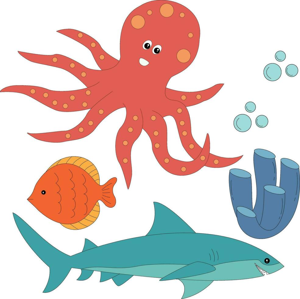 colorida mar criaturas clipart conjunto dentro desenho animado estilo. inclui 4 embaixo da agua animais para crianças e crianças vetor