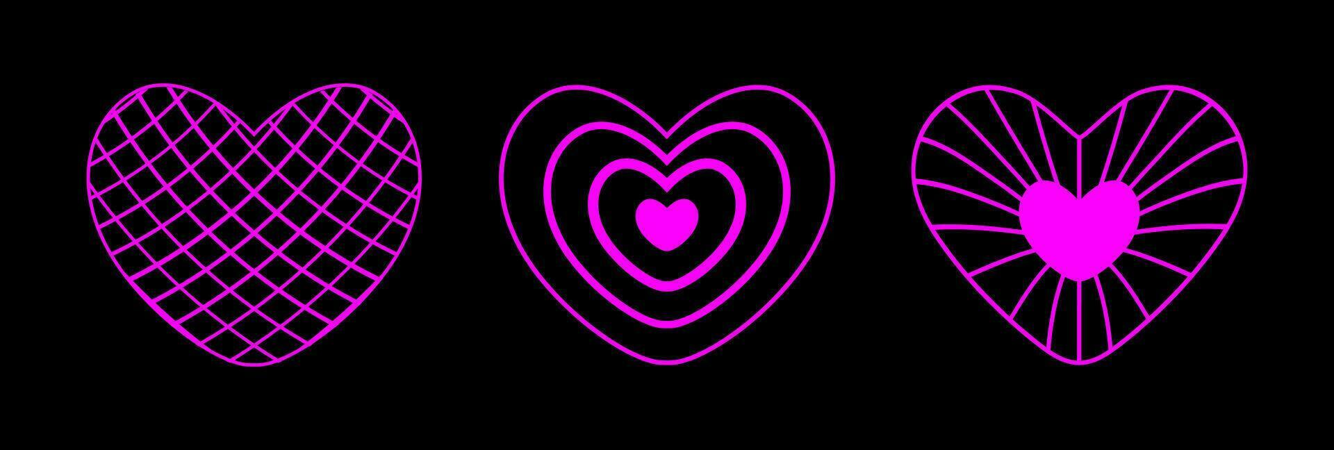 néon Rosa estrutura de arame coração formas conjunto em Preto fundo. futurista cyberpunk esboço figuras. ano 2000 retro estilo. vetor