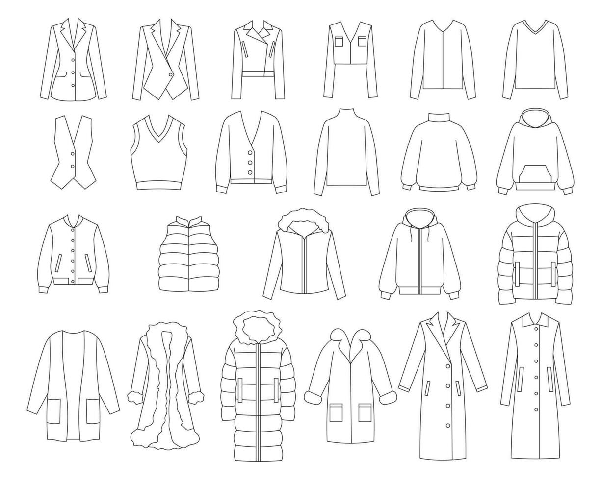 conjunto do roupas jaqueta, casaco, suéter, suéter, colete, agasalhos, acolchoado casaco, pele casaco vetor