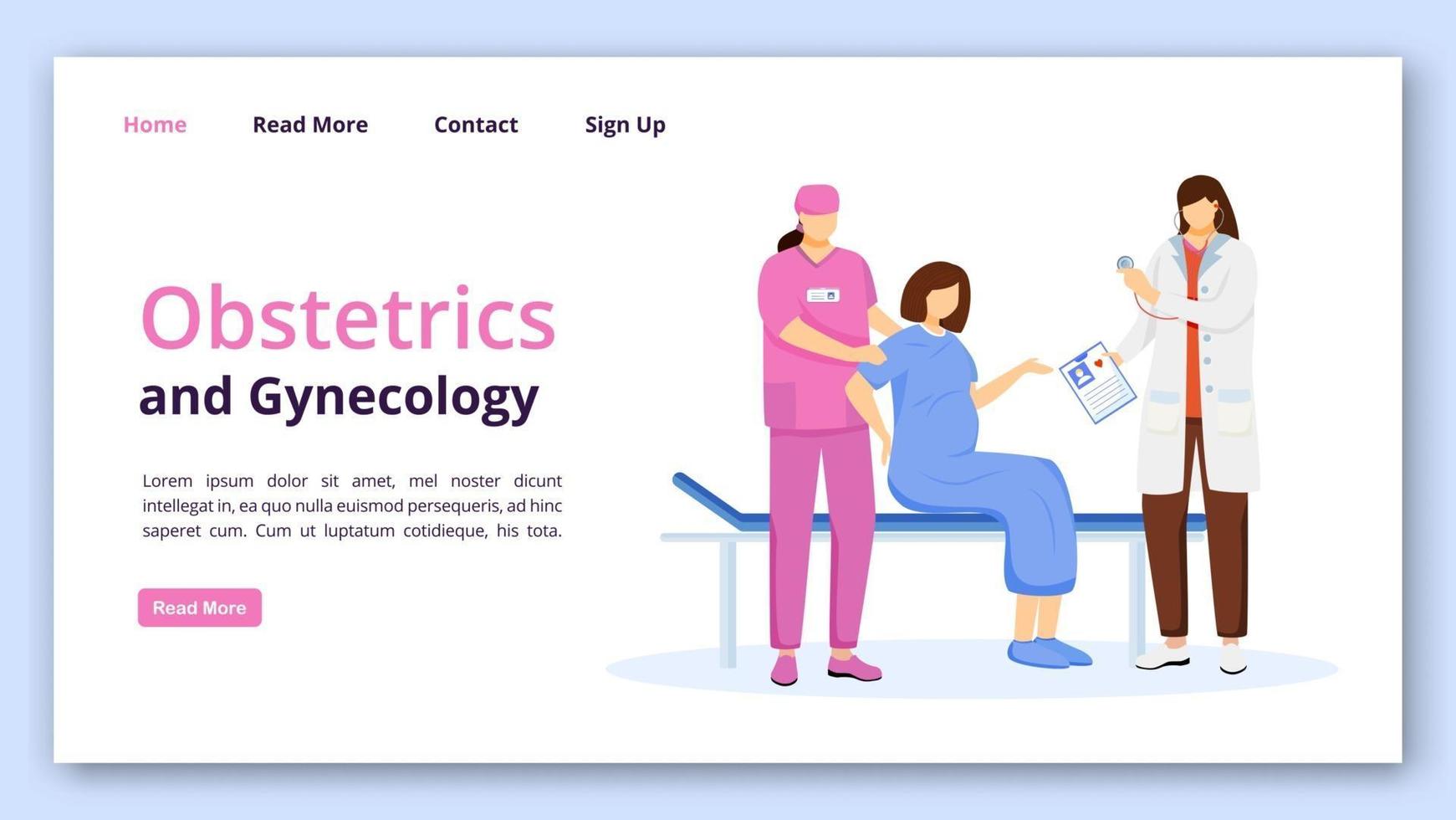 modelo de página de destino de obstetrícia e ginecologia. ideia de interface de site obgyn com ilustrações planas. parto no layout da página inicial do hospital. banner da web de clínica de assistência pré-natal, conceito de desenho de página da web vetor