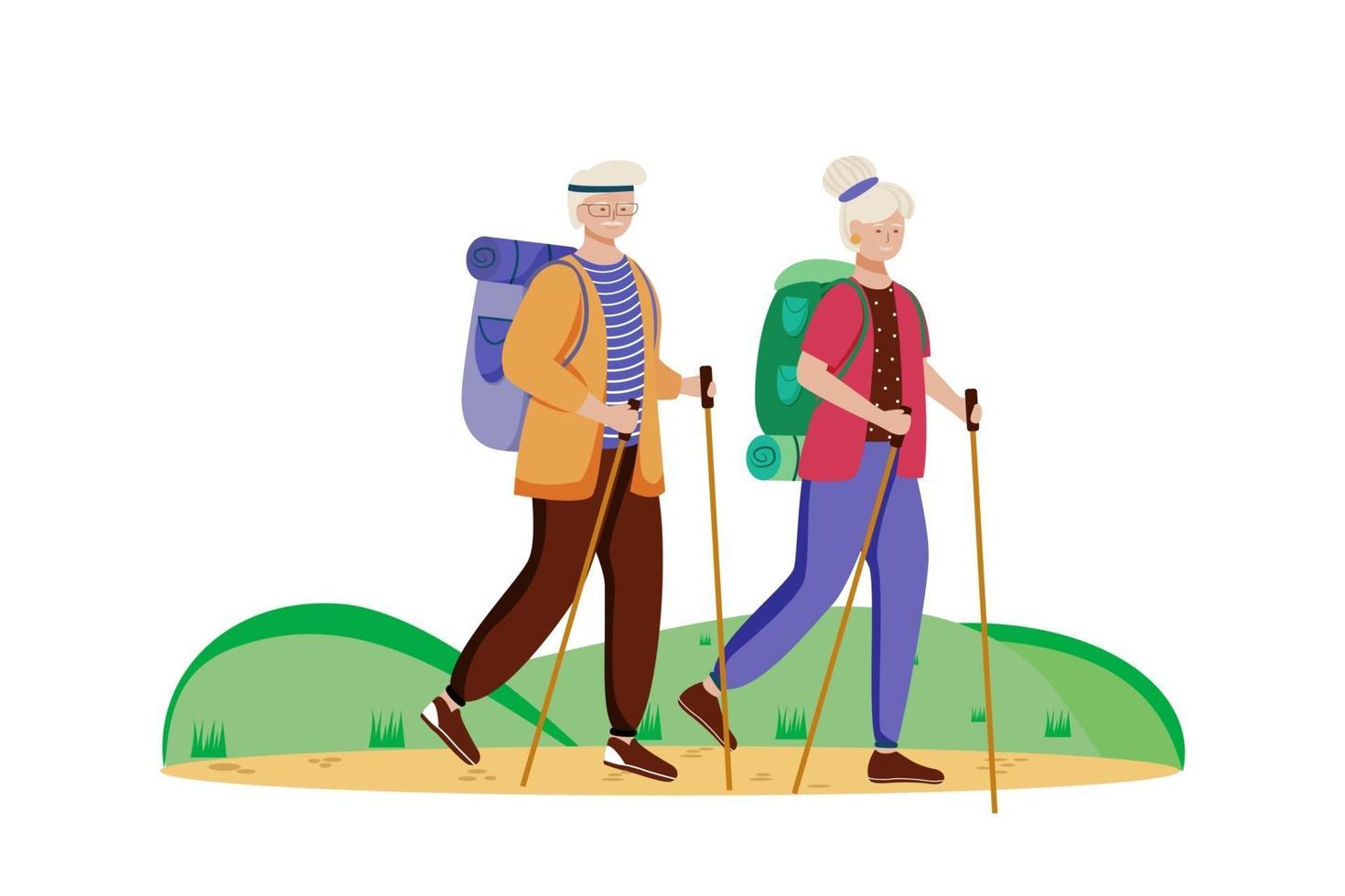 ilustração em vetor plana turismo orçamento. atividade de caminhada. escolha de viagem barata. férias ativas. casal de idosos em uma viagem de montanha. passeio a pé isolado personagem de desenho animado em fundo branco