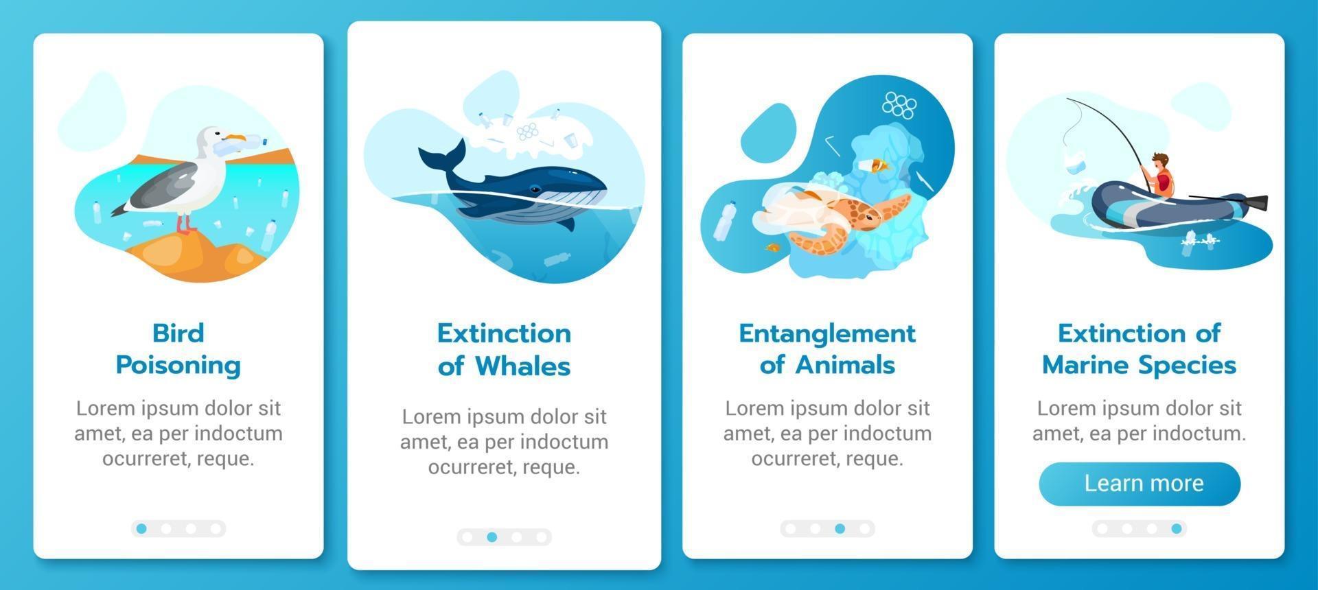 poluição de plástico no modelo de vetor de tela de aplicativo móvel de integração oceano. contaminação da água do mar. passo a passo do site com caracteres simples. conceito de interface de desenho animado de smartphone ux, ui, gui