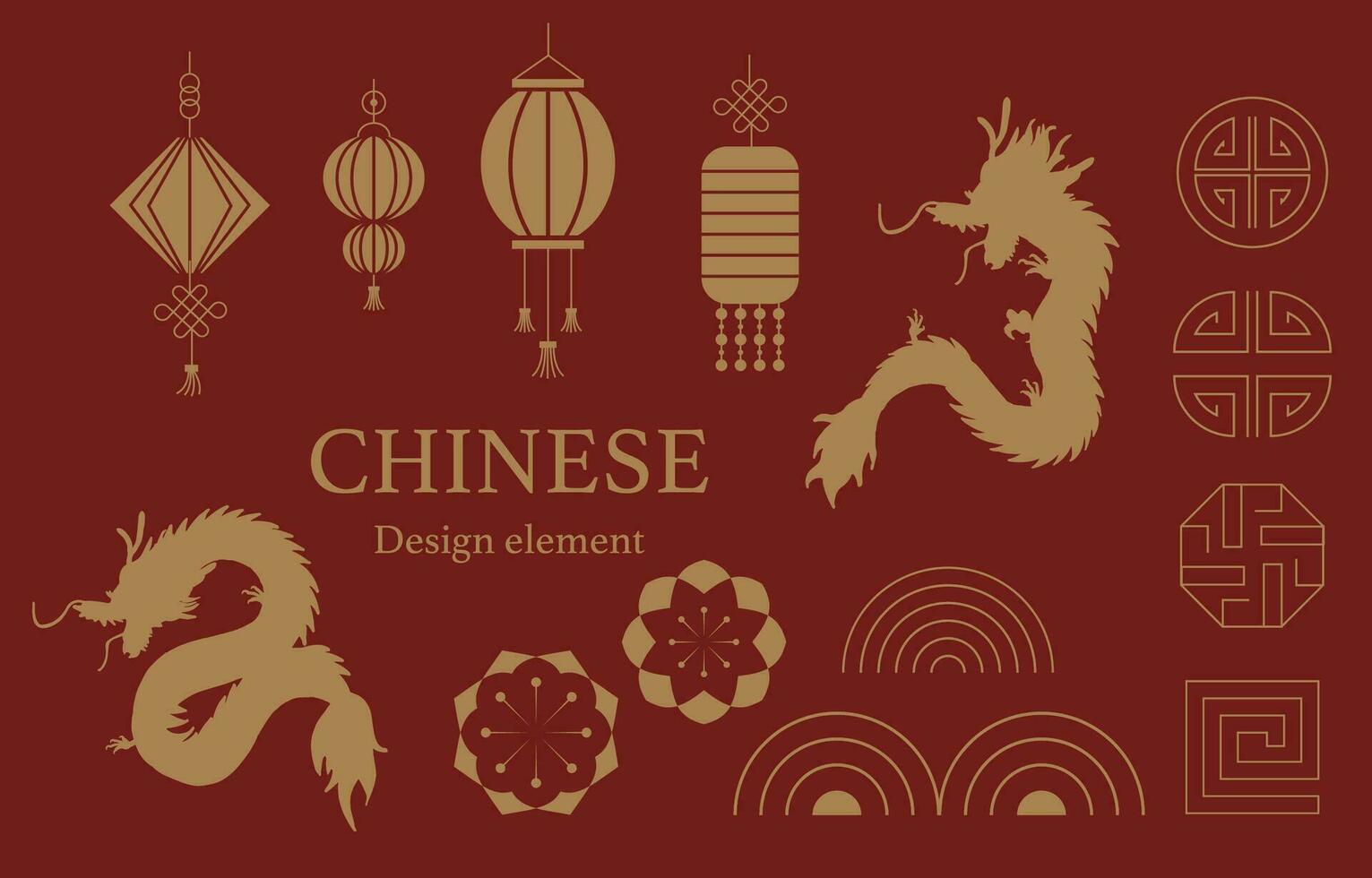 ouro vermelho chinês Novo ano elemento com dragão, flor, lanterna vetor